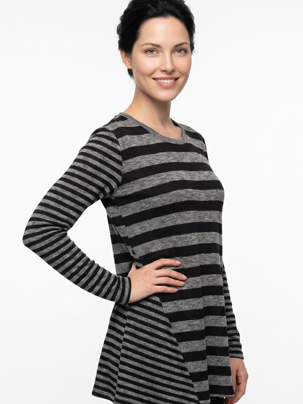 LOGO Lori Goldstein Small Black Grey Striped Knit Round Neck Pullover Tunic Top